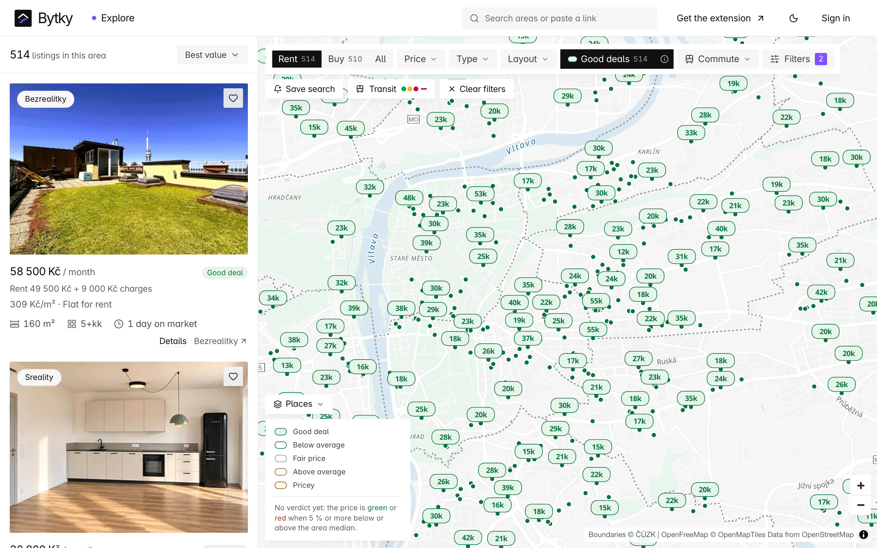 Bytky explorer: a map of inner Prague covered in green price pins for rentals marked Good deal, beside a list sorted by best value whose first card is a 160 m² flat with a roof terrace at 58 500 Kč a month.