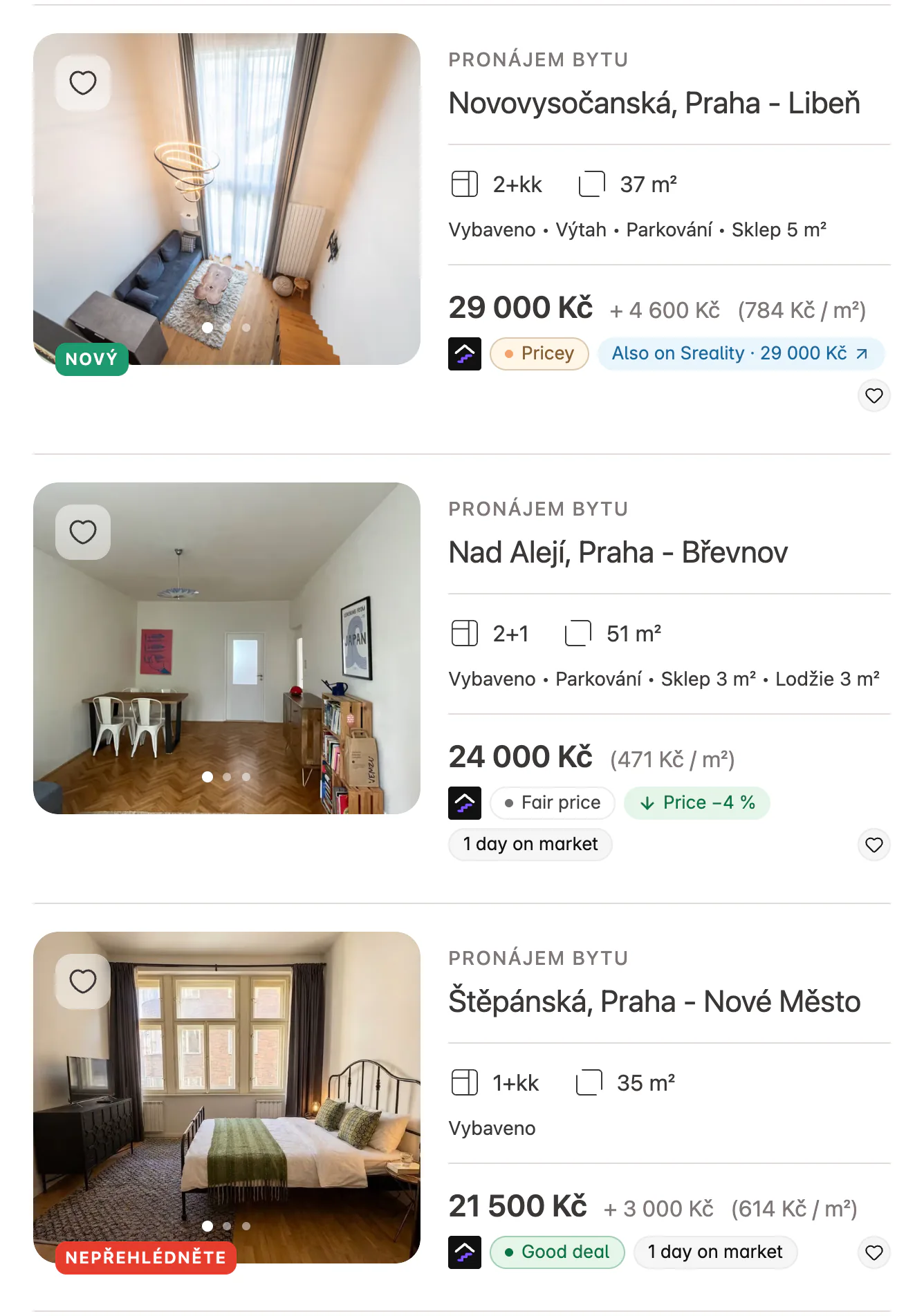 Three search results for Prague rentals, each with a Bytky badge row: Pricey with the same flat listed elsewhere at 29 000 Kč, Fair price with a 4 % price cut and 1 day on market, and Good deal.