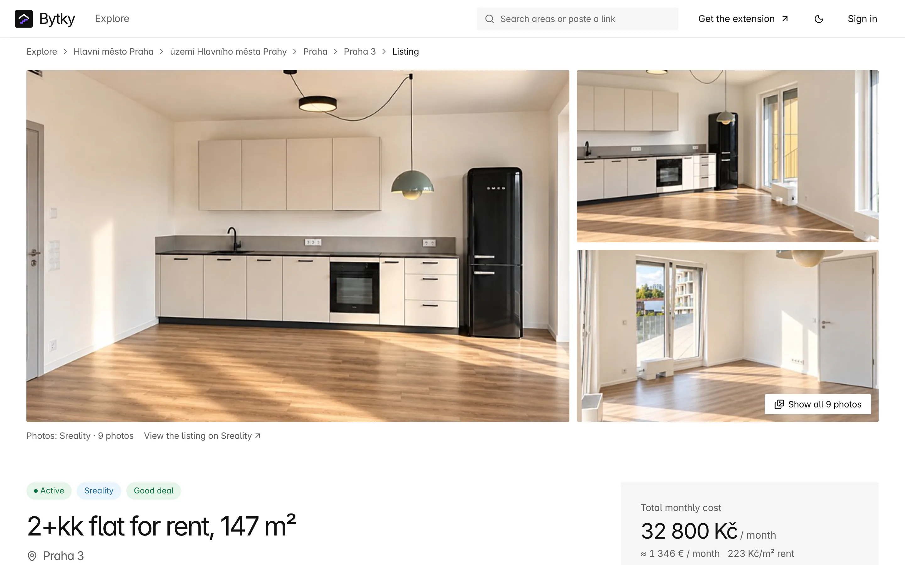 The Bytky report a visitor lands on after pasting a listing link: a photo gallery of a bright new kitchen, Active and Good deal badges, the title 2+kk flat for rent, 147 m² in Praha 3, and a total monthly cost of 32 800 Kč.