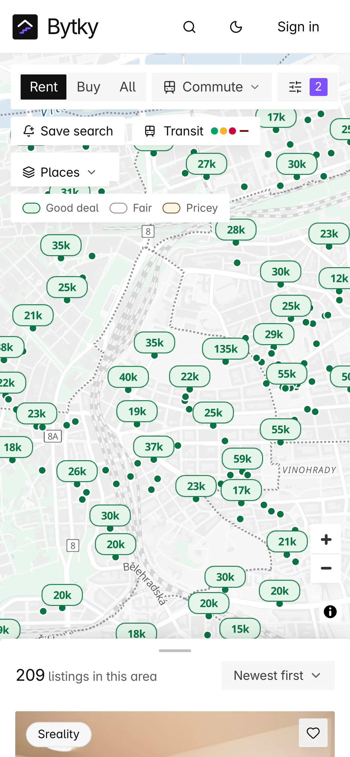 Bytky explorer on a phone: a map of Nové Město and Vinohrady covered in green good-deal rent pins, filter chips for Rent, Commute, Save search, Transit and Places, and a bottom sheet reading 209 listings in this area.